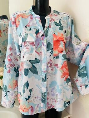 CALVIN KLEIN Women Top size Large blue floral blouse shirt